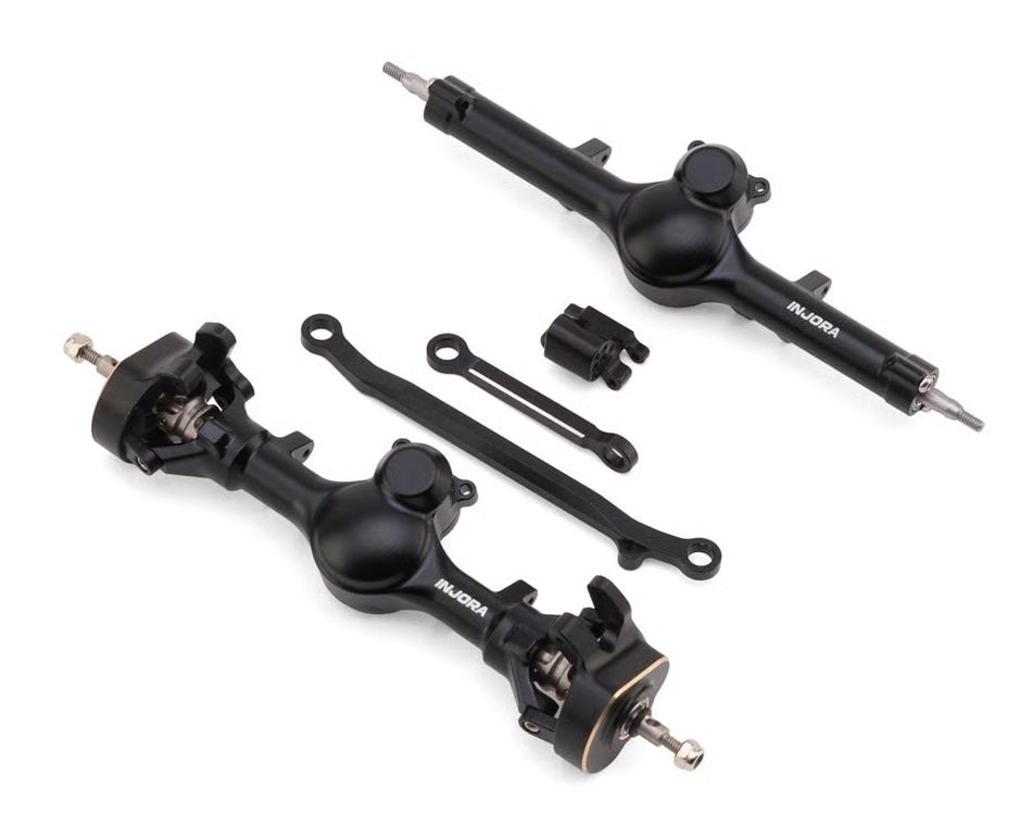 INJORA - Axial SCX24 +4mm Aluminum Front & Rear Planet Axles (Black) w/Double Joint Driveshafts & Brass Steering Knuckles (INJSCX24-190BKFR)