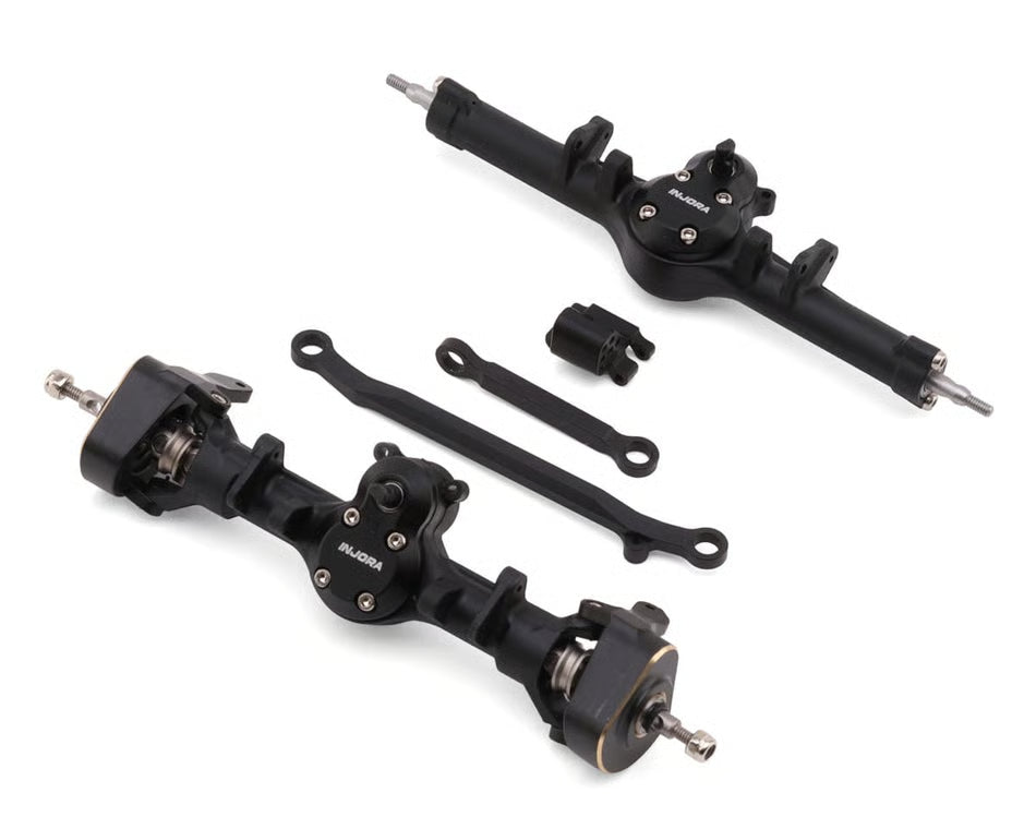 INJORA - Axial SCX24 +4mm Nylon Front & Rear Planet Axles (Black) w/Double Joint Driveshafts & Brass Steering Knuckles (INJSCX24-195BKFR)