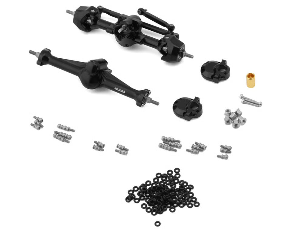INJORA - Axial SCX30 +3mm Aluminum Front & Rear Planet Axles (Black) w/Double Joint Driveshafts & Brass Steering Knuckles (SCX30-25BKFR)