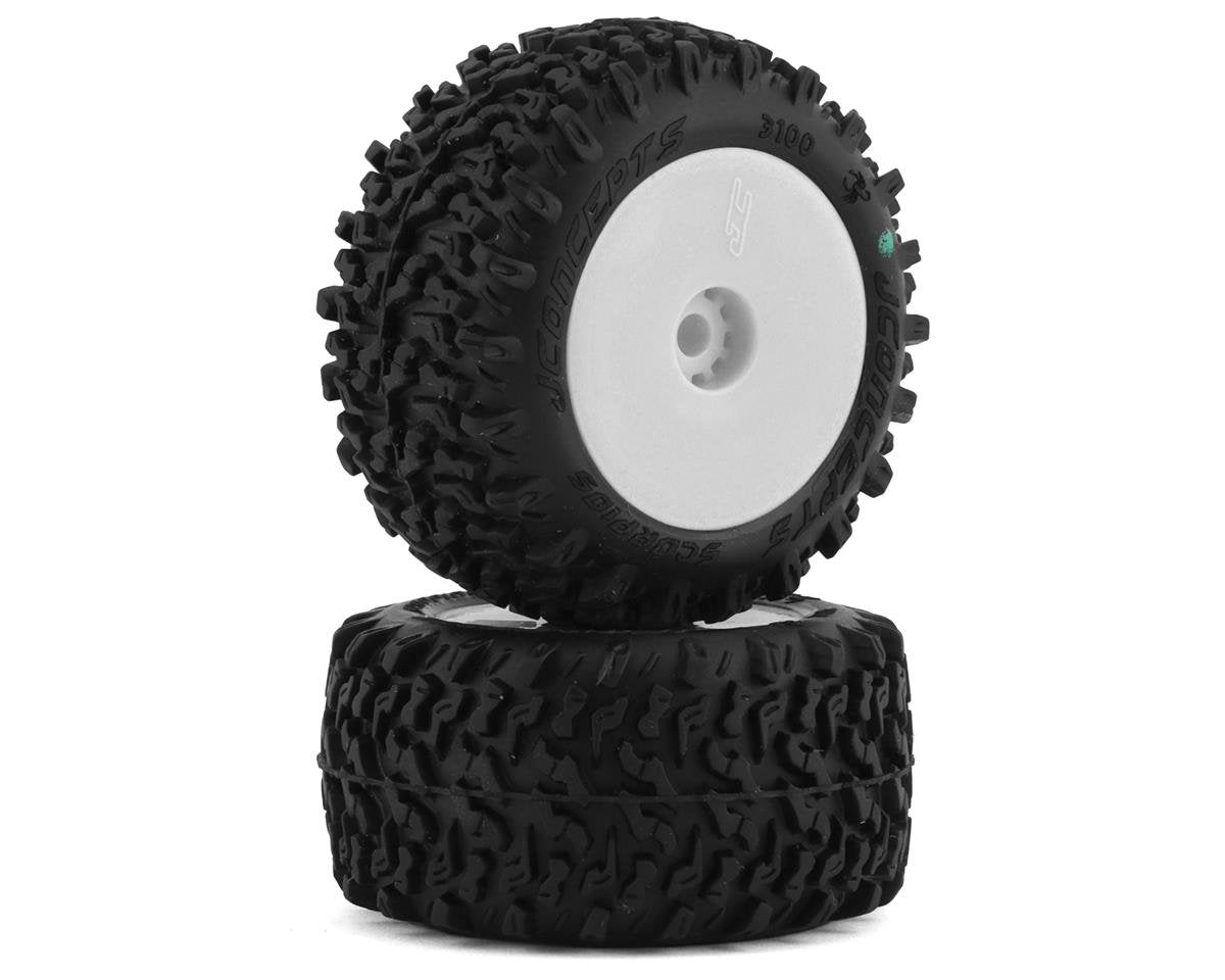 JConcepts Mini-B/Mini-T 2.0 Scorpios Pre-Mounted Rear Tires (White) (2) (Green) (JCO3100-1221)