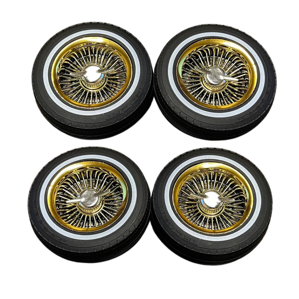 REDCAT - Whitewall Low Pro Tires and Wheels w/ Knock offs & Wheel Nuts (Gold)(Not Glued) (1Set) (RER14434)