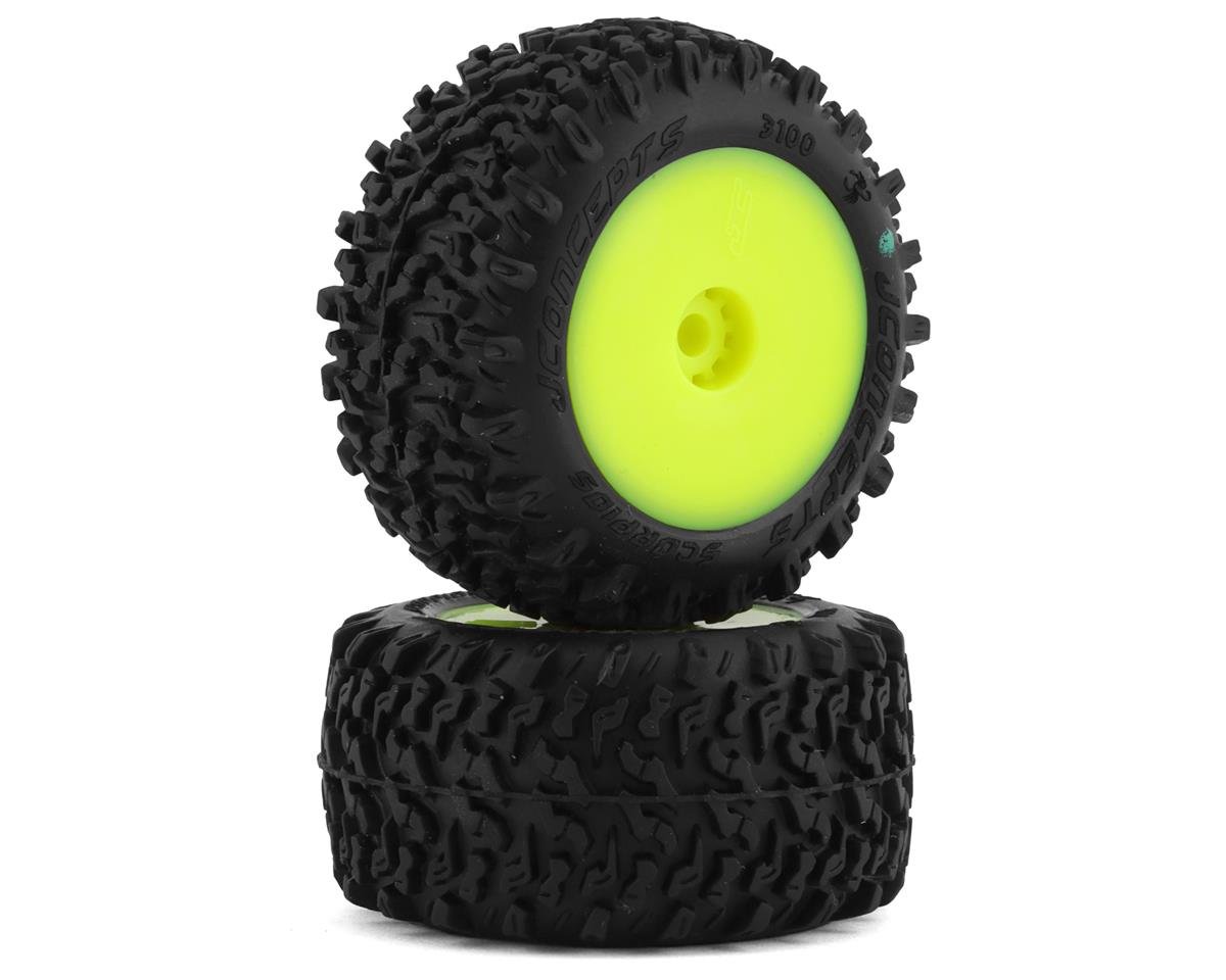 JConcepts Mini-B/Mini-T 2.0 Scorpios Pre-Mounted Rear Tires (Yellow) (2) (Green) (JCO3100-2221)