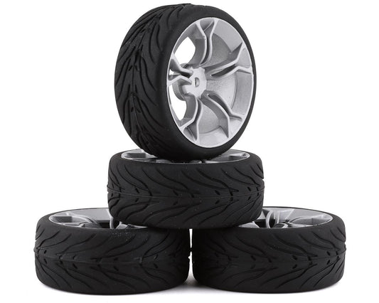 Yeah Racing Spec T Pre-Mounted On-Road Touring Tires w/MS Wheels (Silver) (4) (YEA-WL-0104)